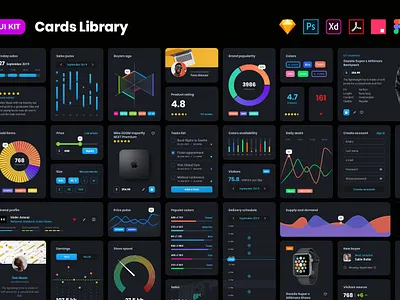 Dark cards – User Interface kit 3d 3d illustration bar blur card cards cards ui chart clean dark dark app dark mode dark theme dark ui dashboard illustration library minimal progress simple