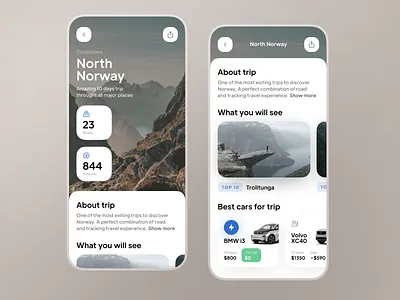 Car Rent App Trips UX UI app car color design electrocar interface ios landscape norway rent rental shadow tesla travel trip typography ui user experience user inteface ux