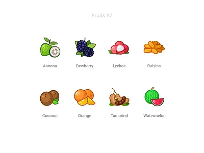 Fruits Icons - part II annona coconut demo dewberry exotic figma design figmadesign free fresh fruits health icondesign icondesigner icons lychee natural orange raisins tamarind watermelon