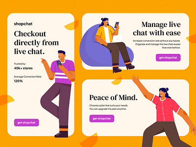 shopchat - shopify app colorful colors happy illustration illustrations online store orange phone pink promotional purple shopify sitting tools