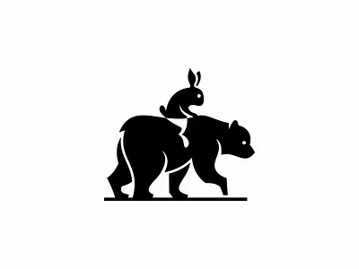 Rabbit Riding A Bear Logo for Sale animal bear branding bunny design fun game geometric grizzly illustration logo mark mascot negative space playful premium rabbit riding vector zoo