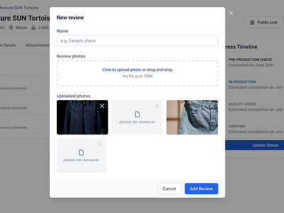 New Review Modal Dialog blue dialog dnd drag drop figma file upload form inline actions minimal modal review saas ui upload web