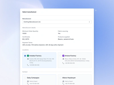 Select Manufacturer Form Dialog blue design dialog figma form gradient minimal modal radio groups saas selection ui web