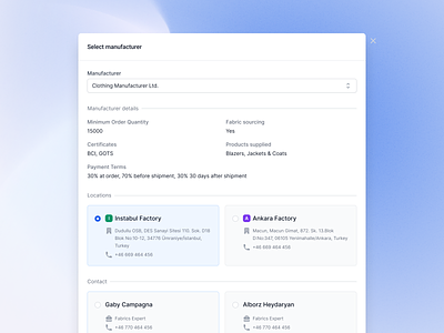 Select Manufacturer Form Dialog blue design dialog figma form gradient minimal modal radio groups saas selection ui web