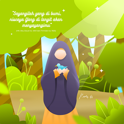 the woman is holding a bird bird character color forest illustration islam islamic muslim muslimah people tree vector woman illustration