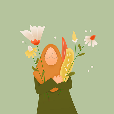 Woman with flowers character color flowers flowers illustration illustration islam islamic muslim muslimah people vector