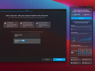 Zen - Posture Correction & Pomodoro App app application dark design desktop health healthy mac mac os mode pomodoro posture product productivity theme ui user experience user interface ux widget