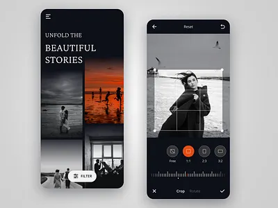 Photo Editor app black blackandwhite clean ui crop dark ui design editor gallery memories minimal mobile app model orange photo photoeditor rotate ui ux visual design