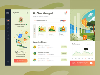 Virtual School Dashboard Design application biology building chart class dashboard economy gradient icon set illustration laptop manager month online paper people school upcoming virtual website