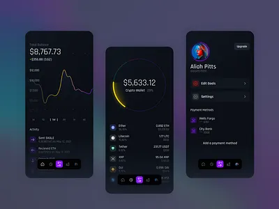 Wallet app balance bitcoin wallet bitcoins chart crypto currency crypto exchange crypto wallet cryptocurrency dark ethereum holdings investment mobile app mobile app design profile ui uiux
