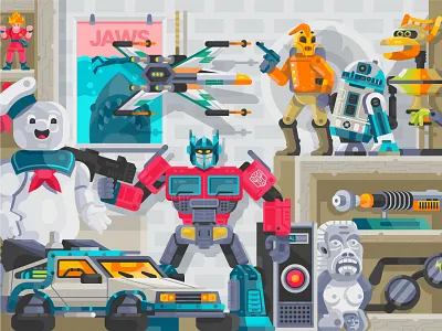 Collection Toys 90s flat design gamer geek geek art geeky ghostbusters illustration interior nineties optimus prime pop culture retro room shelf star wars superheros toy shop toys transformers