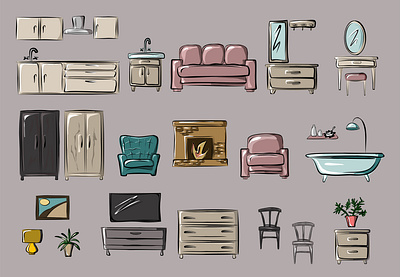 set of furniture and interior accessories. armchair bathroom bed bedroom book shelf cabinet chair chandelier chest of drawers collection color couch cupboard decorative design desk dining flat illustration vector