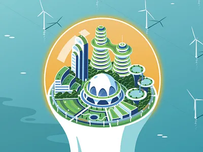 Capital Thinking Magazine Cover city clean energy future green isometric ocean power solar wind