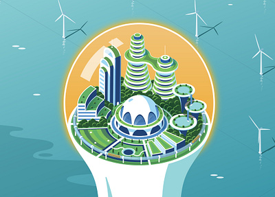 Capital Thinking Magazine Cover city clean energy future green isometric ocean power solar wind