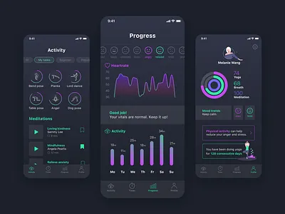 Yoga app concept bright colors dark app dark mode gradient meditation app ui ux yoga app yoga pose