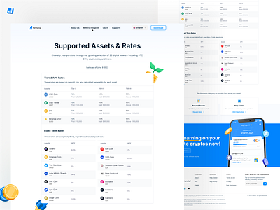 Finblox Supported Assets & Rates Page bitcoin clean crypto ethereum landing page minimalist rates ui website