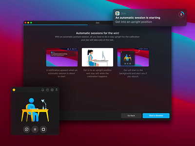 Zen App Posture Session Flow animation app dark mode dashboard experience flow health interface mac os pomodoro posture productivity statistics theme timer ui ux walkthrough widget window