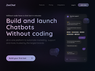 Chat Bot Landing Page app design chatbot clean concept dark dark mode figma glassmorphism gradient hero section home page landing page minimal trend ui web