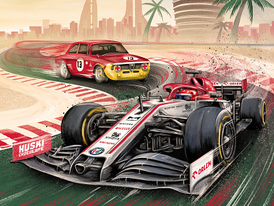 Alfa Romeo alfa romeo bahrain cars character drawing editorial flat formula1 graphic illustration motion lines palm trees race cars racing retro speed texture vintage