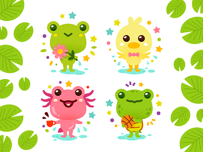 Sweet Pond Animals animals axolotl baby animals cartoon characters children creative cute duck flat frog funny illustration kindergarten mascot pond sickers toad turtle vector