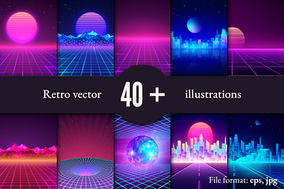 Retro backgrounds set 70s 80s 90s art collection futuristic graphic design illustration landscape music retro retro city sci fi set wave