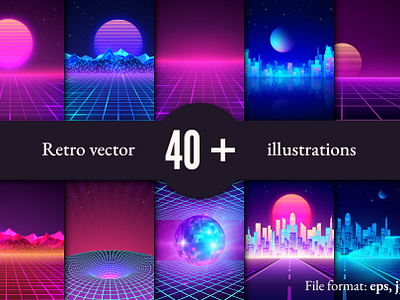 Retro backgrounds set 70s 80s 90s art collection futuristic graphic design illustration landscape music retro retro city sci fi set wave