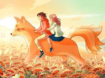 Fox countryside art boy draw fox girl illustration illustrations japan kitsune landscape sunflower