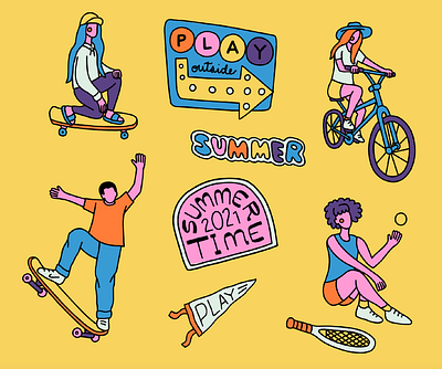 Summer Time Illustrations bike character handlettering illustration longboard outdoors outside play skateboard stickers summer summer vibes summertime tennis