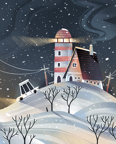 Winter night lights 2d art car dangartman fireart fireart studio fireartstudio illustration light lighthouse nature pencil snow texture winter