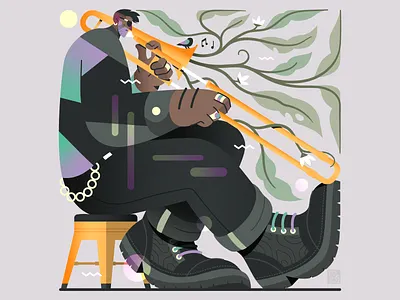 Birds, Plants & Music - The Trombonist bird birds character fashion flat flower flowers illustration instrument jewels leaf leaves music musician nature plant plants playing shoes vector