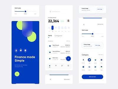 Finanial dashboard - Finance app bottom bar category selector components dark color list view navigation navigation component onboarding screen product category product list product management product storage size slider slider slider component upload component upload file warehouse app week ui weekly view