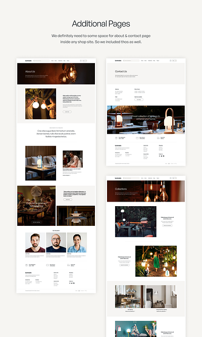 Pages for Luminate block theme for lighting stores. block theme ecommerce indoor lighting lamp store light collections lighting store minimal modern outdoor lighting shop web design website website for lights woocommerce wordpress