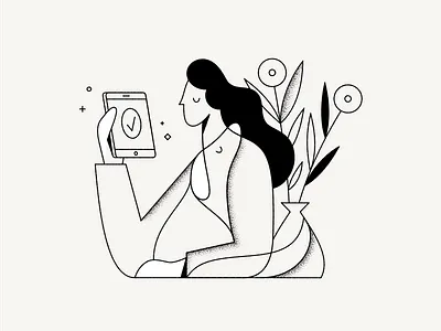 Girl & Dog black and white dog electronics flowers girl illustration ipad iphone line minimal owner pet pets puppy tablet vase woman