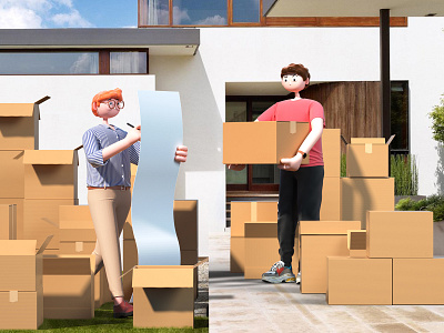 move house 3d 3d art blender boy boy illustration c4d case character cinema 4d design express heavy house illustration move octane people shirt