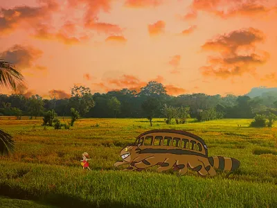 Mei and Cat Bus adobe photoshop anime art artwork cartoon cat character digital digital art digitalart my neighbor totoro photoshop art photoshop editing studio ghibli sunsets