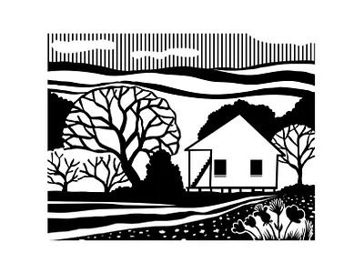 Cajun House Creole Cottage or Acadian Style Dwelling Stencil architecture building dwelling forest home house mascot porch retro screen printing stencil tree vintage woodcut