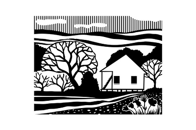 Cajun House Creole Cottage or Acadian Style Dwelling Stencil architecture building dwelling forest home house mascot porch retro screen printing stencil tree vintage woodcut