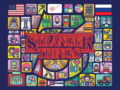 Stranger Things 3 art art direction artwork design direction icon illustration mosaic neon light netflix poster poster art puzzle retro stranger things style typography vector vintage