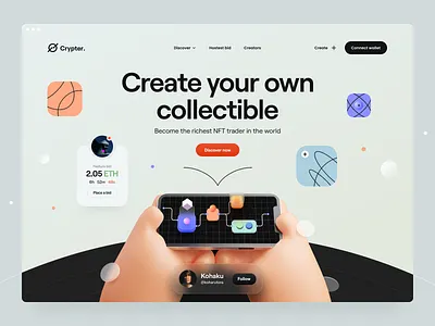 Crypter® - Hero Concept 3d 3d illustration abstract app artwork clean hand hero header illustration minimal navigation nft typography ui ui design ux ux design web web design website