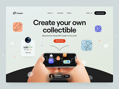 Crypter® - Hero Concept 3d 3d illustration abstract app artwork clean hand hero header illustration minimal navigation nft typography ui ui design ux ux design web web design website