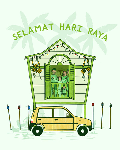 Hari Raya Celebration celebration characters digital drawing eid mubarak hari raya illustration kampung kampung house ketupat selamat hari raya aidilfitri