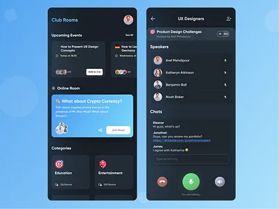 🎙 Club Rooms - Space for casual, drop-in audio android app audio blue chat club house design drop in audio meeting microphone social talk ui ui design ux voice