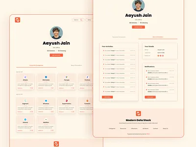 Modern Data Stack - Profile Page button cards colors data stack favourites footer information modern data stack notifications profile user experience user interface web design