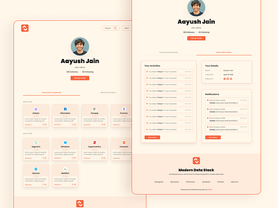 Modern Data Stack - Profile Page button cards colors data stack favourites footer information modern data stack notifications profile user experience user interface web design