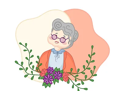 Grangma cardigan flat flowers glasses grandmother granny gray haired green happy illustration old age vector