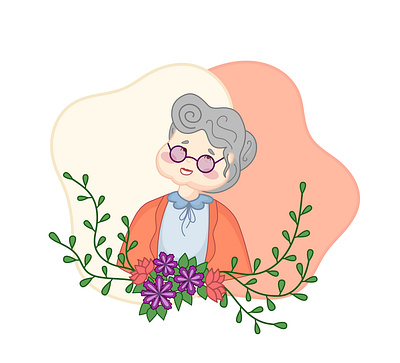 Grangma cardigan flat flowers glasses grandmother granny gray haired green happy illustration old age vector