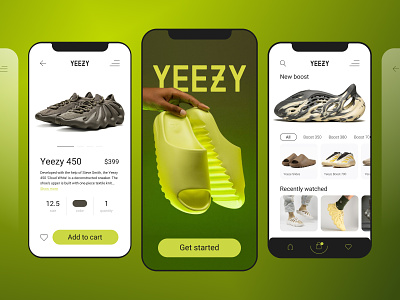 Yeezy shop mobile app concept design. Shoes product page catalog 3d app business cart customer experience dark homepage interface mobile mobile app nft product page shoes sneakers ui ux web web design website yeezy