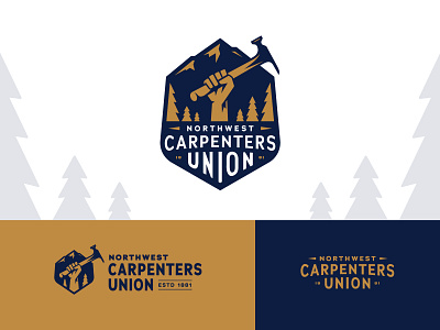 Northwest Carpenters Union - Branding badge carpenter hammer hand landscape mountains nature northwest pnw trees type union