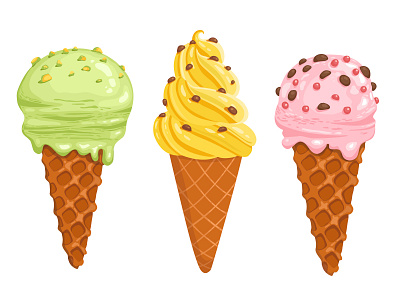 Sweet ice cream cones, delicious summer desserts cartoon design flat food ice ice cream icecream illustration logo summer summer party summertime travel vector