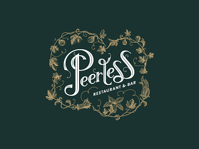 Peerless - Logo badge bar dropcap flourishes leaves logo restaurant script type woodcut